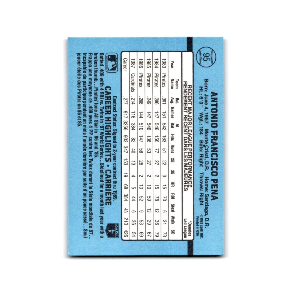 Tony Pena 1988 Leaf #95 St. Louis Cardinals Baseball Card NM - Image 2 of 3