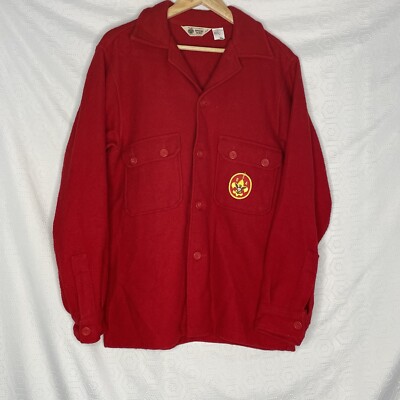 BOY SCOUTS OF AMERICA BSA RED Heavy wool blend Camp Shirt  Jacket VTG 42 Patch
