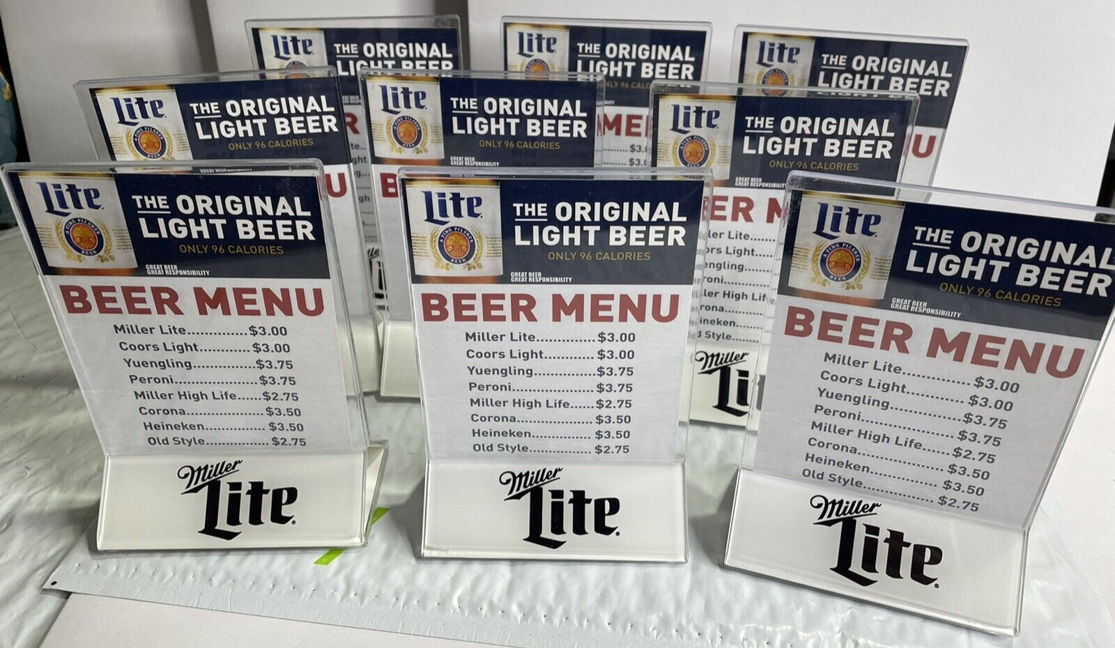 Sealed Box of 10 Miller Lite Table Tent Holders Celebrate Responsibly 2019 Promo