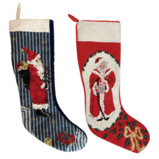 22" Santa Claus Vintage Needlepoint Christmas Stockings - Set of 2
