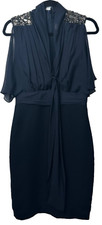Badgley Mischka Size 8 Modest 100% Silk Beaded Neck Caftan Dress Navy Midi A40
