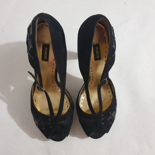Mimco Shoes Sz 38 Black Leather High Heel Platform Strappy Peep Toe Designer - Picture 2 of 14