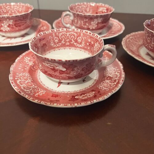 Spodes Camilla Copeland England pink Transferware Tea Cup & Saucer Set of 4 - Picture 10 of 18