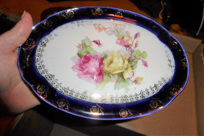 Omas Porzellanplatte Rosenmotiv oval sehr flach teilweise Goldabrieb 23x16cm gro
