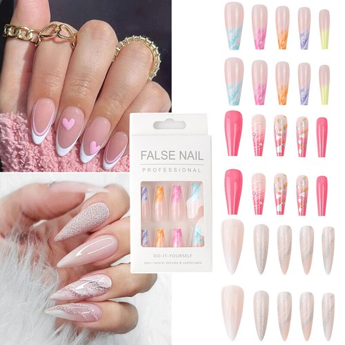 False Fake Nails Medium Coffin French Nail Art Gel Acrylic New Press on nails ~ - Picture 2 of 17