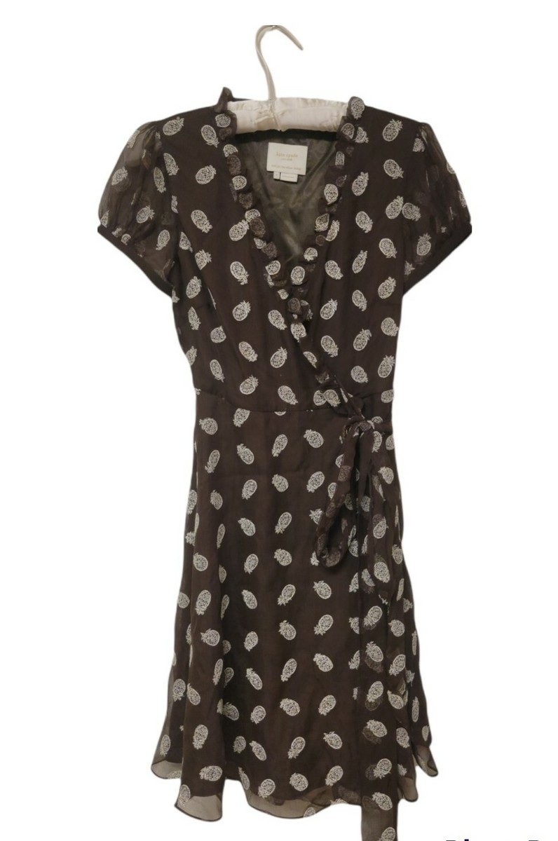 Rina様 Kate Spade Pineapple Embroidered Wrap Dress Brown Silk Cap
