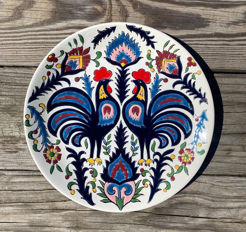 Handbemalter dekorativer 9,5" Teller 2 Hähne Nassos Rodos Hellas Kerameikos - Bild 1 von 5