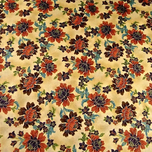 Metallic Gold Etched Peach Floral on Cream, Cotton Fabric by Hoffman - Picture 2 of 7