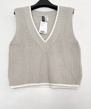 H M Chunky Knit Sweater Vest Cropped V-Neck Sleeveless Tan/White Medium NWT