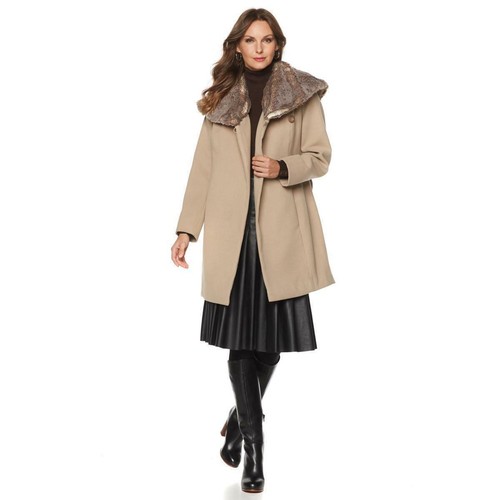 HAL RUBENSTEIN Size XL Sasha Wrap Coat Taupe with Tan Faux Fur Collar - Picture 2 of 5