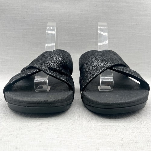 FitFlop Womens 9 Swoop Slide Sandal Shoe Black Leather Cross Strap Comfort Wedge - Picture 3 of 13