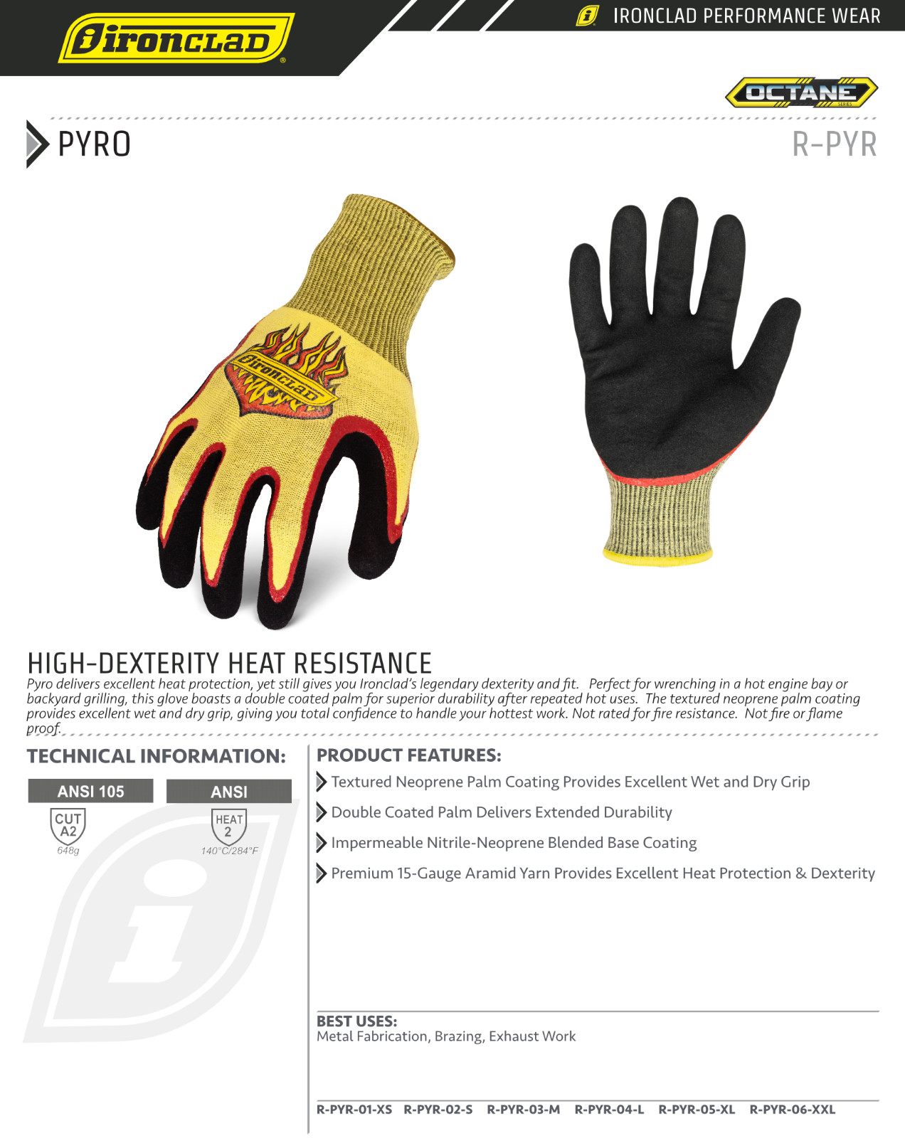 IRONCLAD Pyro Work Gloves Heat Protection High Dexterity XS S M L XL XXL