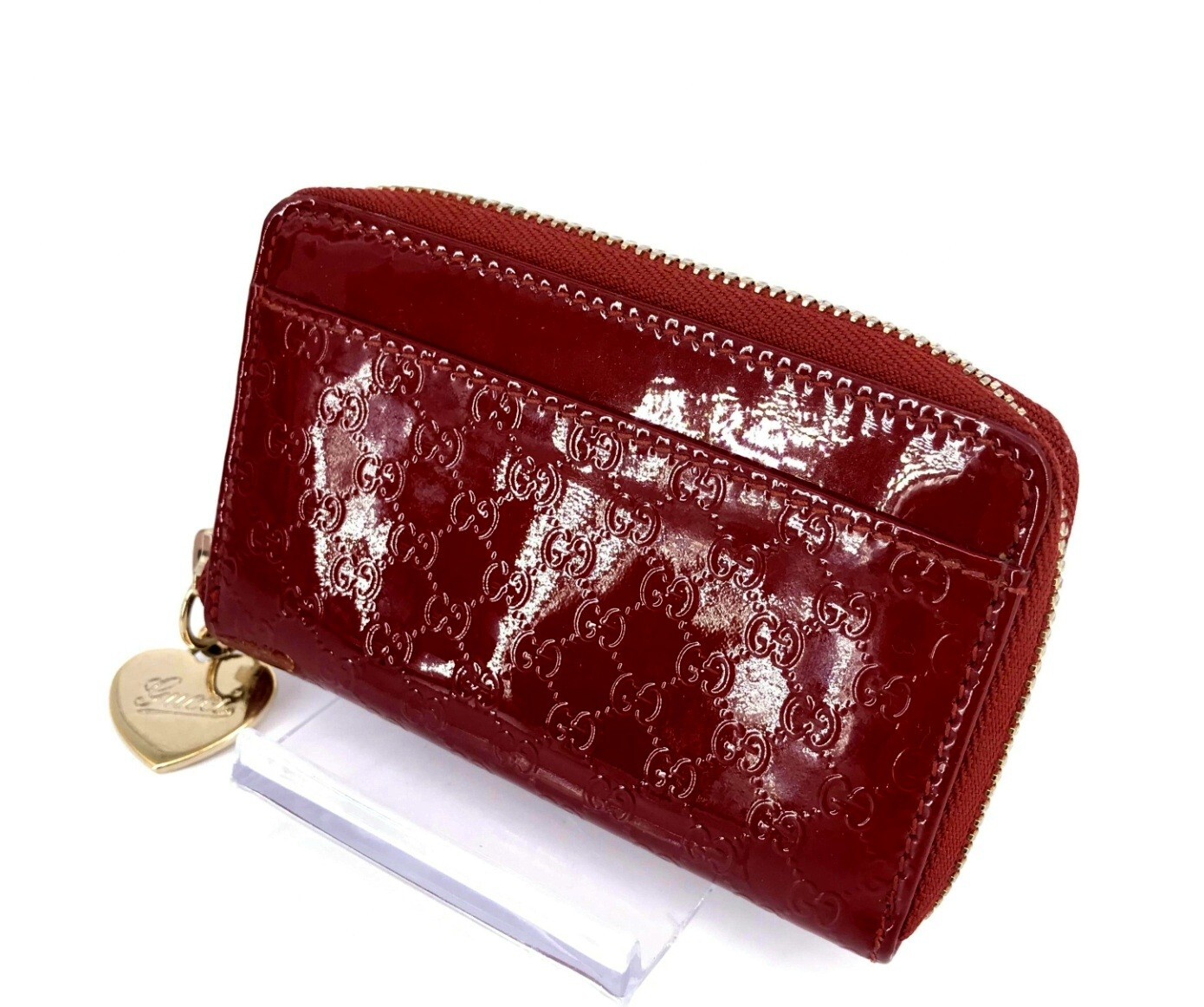 GUCCI Coin Purse Micro Guccissima Red Enamel Wallet Gold w/ Heart Charm image 3
