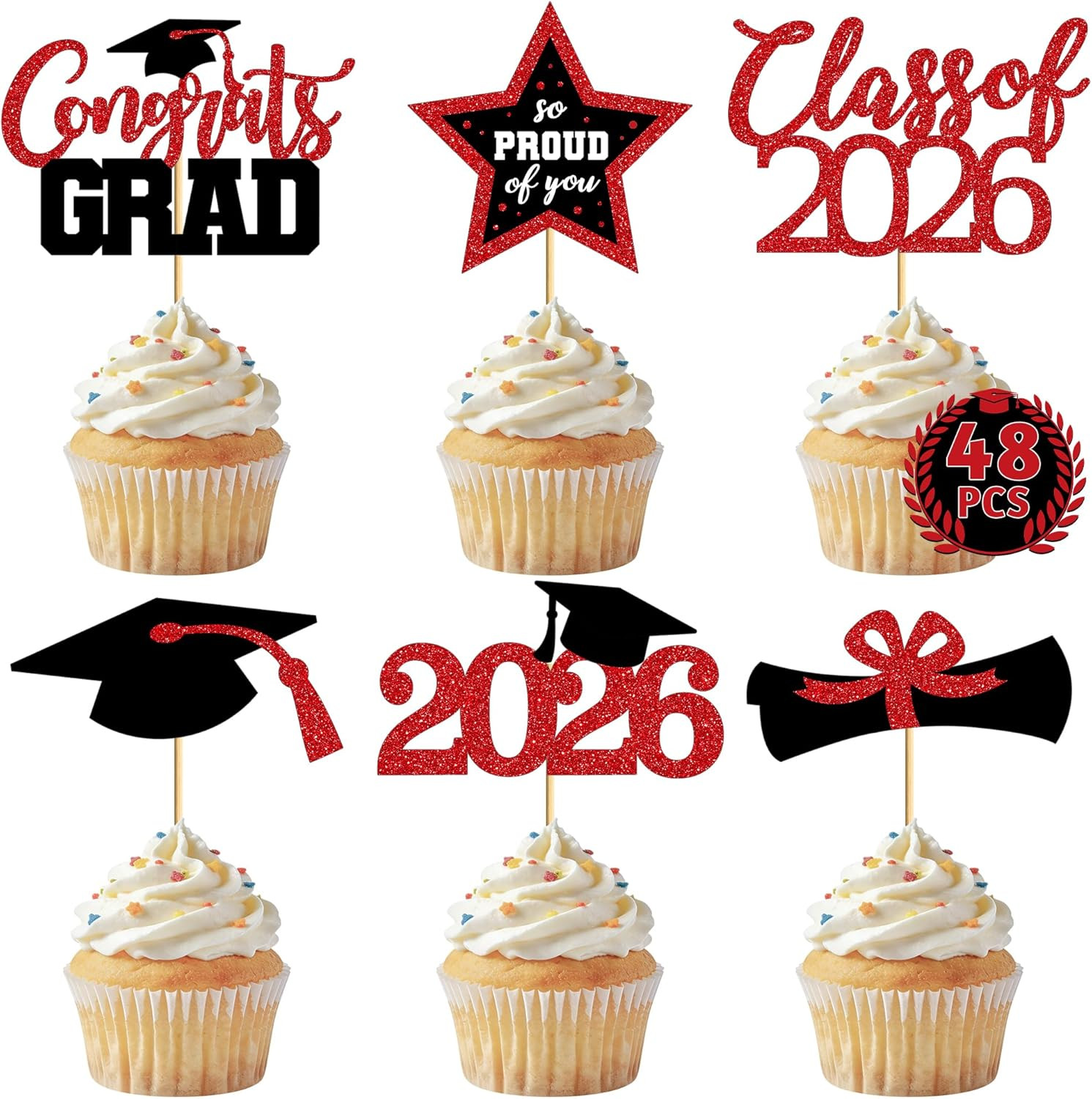 48 PCS Graduation Cupcake Toppers, Glittery 6 Styles Congrats Grad Cake Topper,