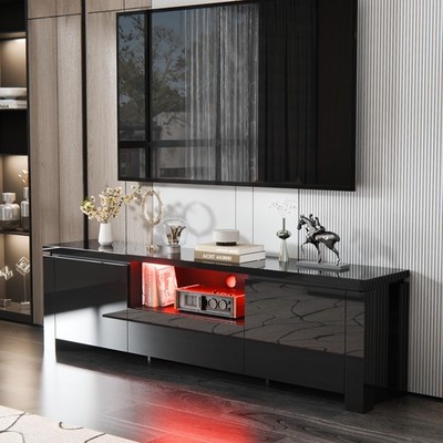 70.1'' W Entertainment Center with 3-Color Lights & Glossy Surface Black
