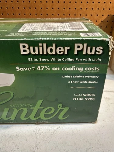 Hunter Fan 53236 Builder Plus Ceiling Fan 52", 5-Blades, 3-Speed, Snow White - Picture 2 of 4