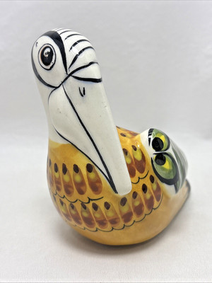 Mexico Tonala Pottery Pelican Bird Signed Hand Painted Art Pottery Vintage