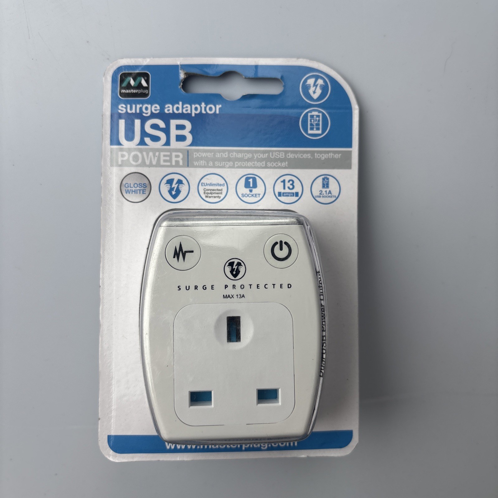 Masterplug Surge Protected Adaptor Single Socket Gloss White 2 USB ports 5.0V