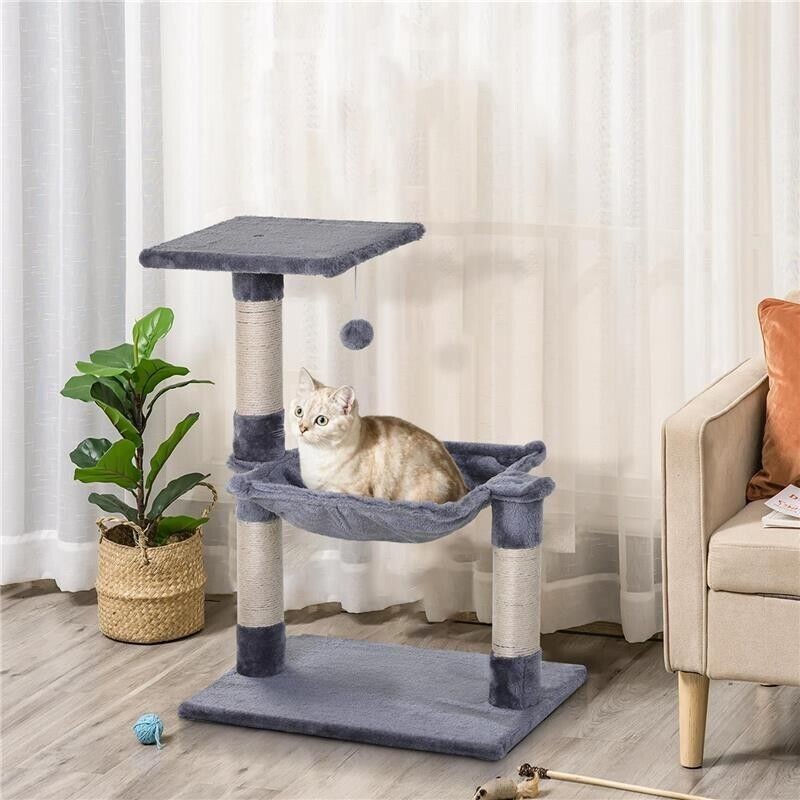 Tiragraffi multilivello per gatti con amaca, pallina, legno e peluche grigio foto 2