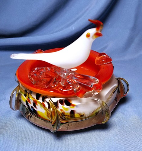 Murano Sommerso Glas Aschenbecher - rot gelb Wirbel mit kleinem Vogelbegleiter - Bild 3 von 17