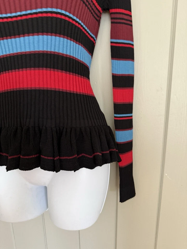 Top Torn Ronny Kobo Peplum S Pequeño Negro Azul Rojo Rayas Tejido Acanalado Foto 3 de 4