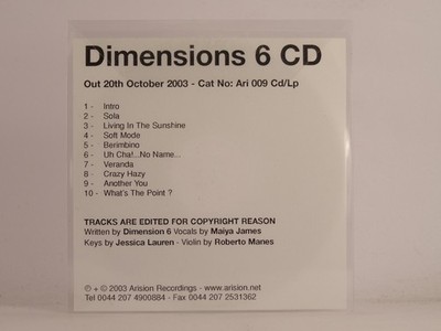 DIMENSIONS 6 INTRO/SOLA (554) 10 Track Promo CD Album including White Sleeve ARI