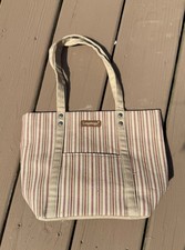 Longaberger Homestead Striped Tote Bag Beige Red Gray Snap Closure Inner Pockets
