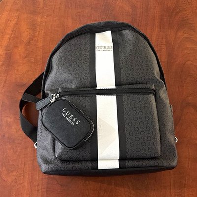 GUESS Logo Faux Leather Zip Backpack w/ attached coin purse black/white