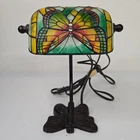 Vintage Tiffany Style Bankers Stained Glass Butterfly Desk Lamp.