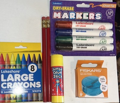 5 New School Writing Supplies:8 Lg. Crayons,Pencils,Sharpener,Markers,Glue Stick