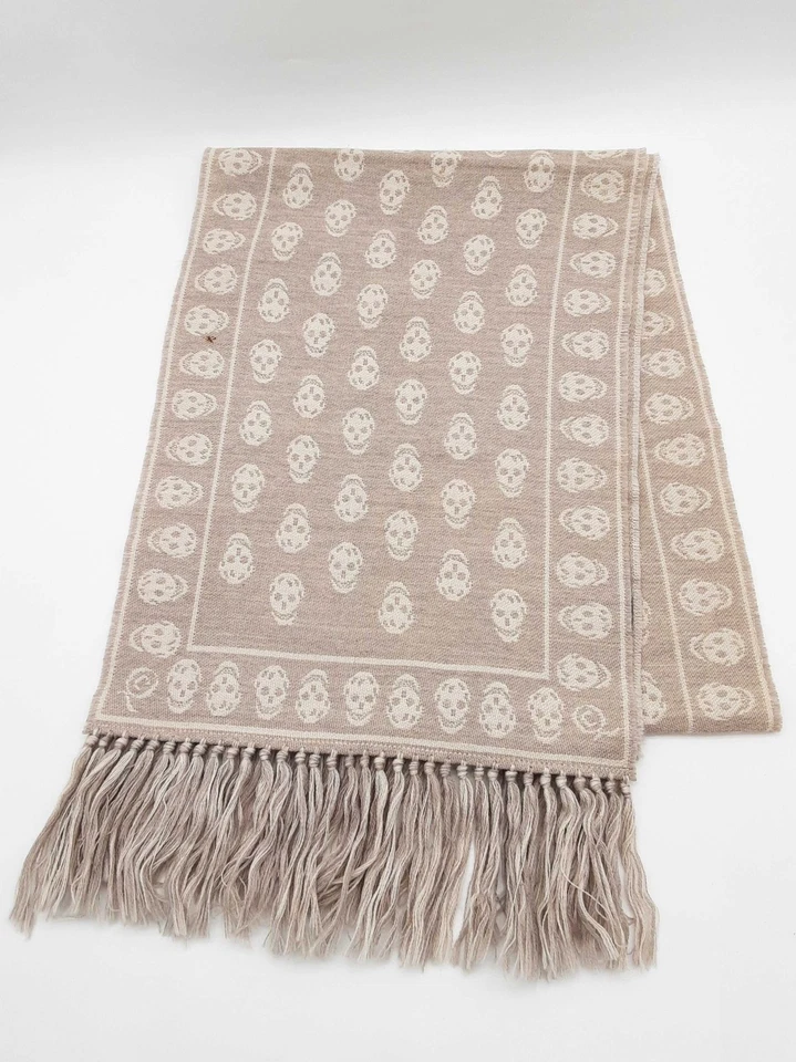 Alexander Mcqueen Skull Print Beige Gray Wool Scarf Do1025lorde - Image 2 of 4