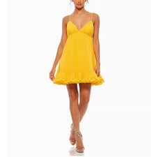 Mac Duggal Ieena Ruffle V-Neck Criss-Cross Mini Dress Marigold Yellow 70194 Sz 0