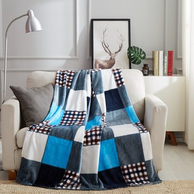 Patchwork Throw Blanket 90x90 Oversized Fleece Plaid Blue Gray Soft Cozy