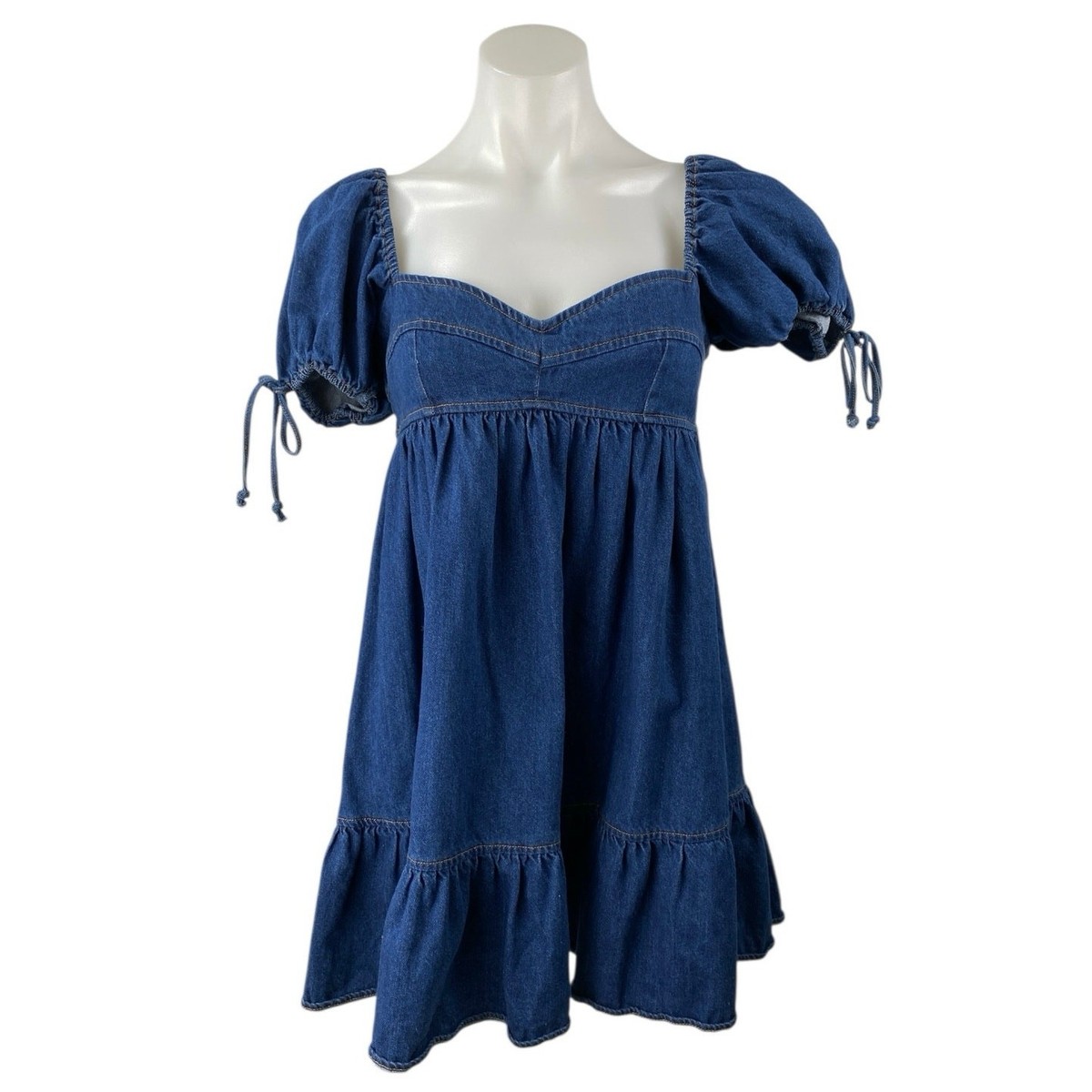 Olivaceous Blue Short Puff Sleeve Chambray Denim Jean Ruffle A Line Mini  Dress L