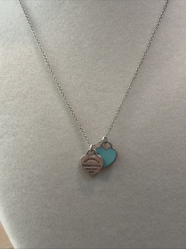 TIFFANY & Co Return to Mini Double Heart Pendant Necklace Enamel Blue 925 Silve
