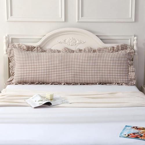 Taupe/White Plaid Ruffled Body Pillow Cover Washed Cotton 1 Body Taupe Plaid - Afbeelding 3 van 6