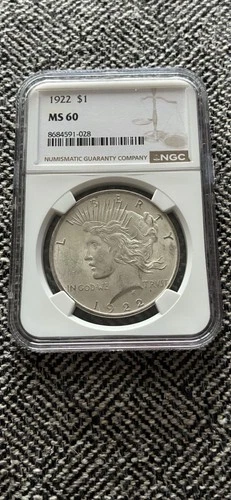 1922 PEACE SILVER DOLLAR NGC Certified MS60 Brilliant Uncirculated Coin