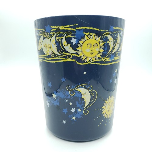 Vintage Celestial Sun & Moon Plastic Waste Basket, Blue & Gold Astrology - Retro