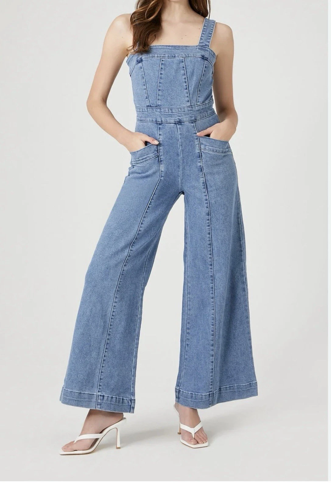 FOREVER 21 Retro Light Blue Chic Wide-Leg Denim Jumpsuit MEDIUM New W/Tag