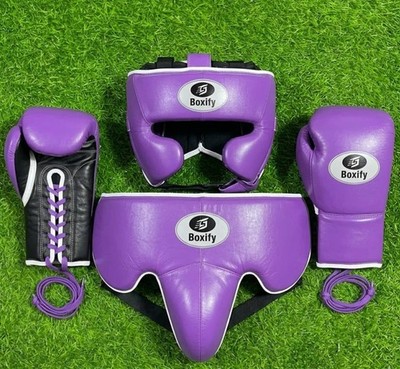 Boxify Boxing Set Purple Headgear Gloves Groin Guard Focus Pad Training Kit MMA