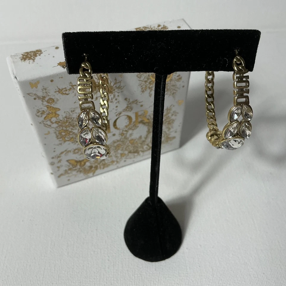 Pendientes de aro Dior de oro y cristal de 2" con caja Foto 2 de 3