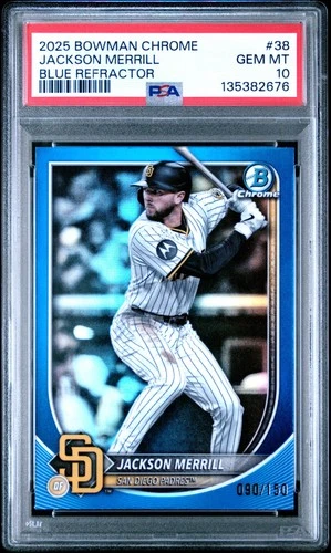 135382676 Jackson Merrill 2025 Bowman Chrome #38 Blue Refractor /150 PSA 10