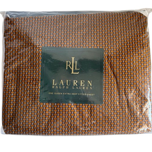 RALPH LAUREN Village Mews Foulard Gold Brown QUEEN Extra Deep Fitted Sheet NOS
