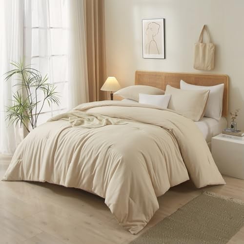 Boho Beige Bedding Sets - 3 Piece Queen Size Comforter Set with 1 Beige Tan - Picture 3 of 7