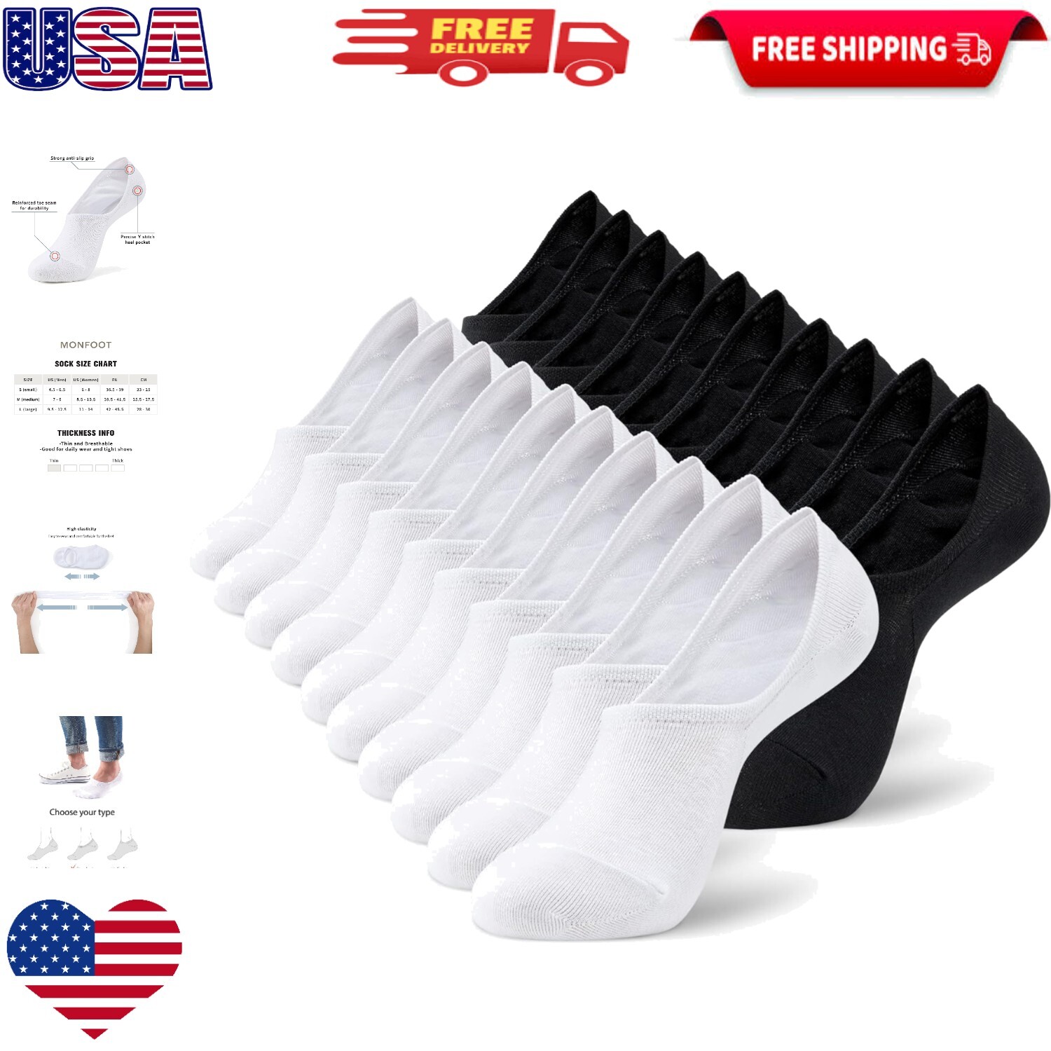 10 Pair Multipack Breathable No Show Socks with Arch Support & Silicone Grip-image