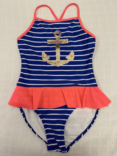 Cat & Jack Blue Stripe Skirted Flip Sequin Anchor One Piece Swimsuit L 10 12 - Picture 4 of 9