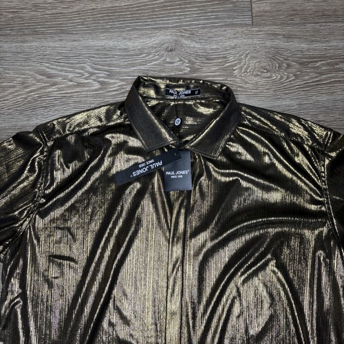 Paul Jones Disco Shirt Mens XL Metallic Gold Dress Party Retro Button Shirt NWT - Picture 2 of 7