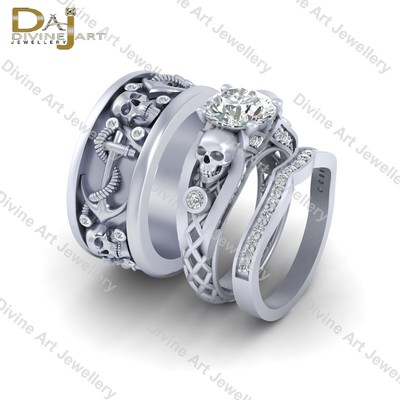 Solid 925 Sterling Silver Diamond Gothic Engagement Rings Set