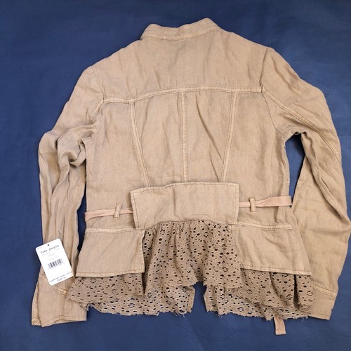 free people Woman Linen cropped Jacket XS Khaki Laced-Trim Button Belted $148 - Picture 6 of 11
