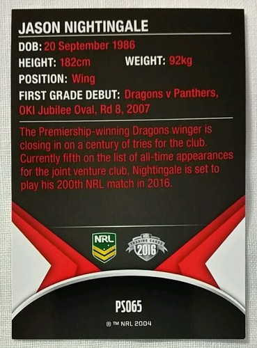 2016 NRL Traders Parallel Special PS065 - Jason Nightingale St George Dragons - Picture 2 of 2